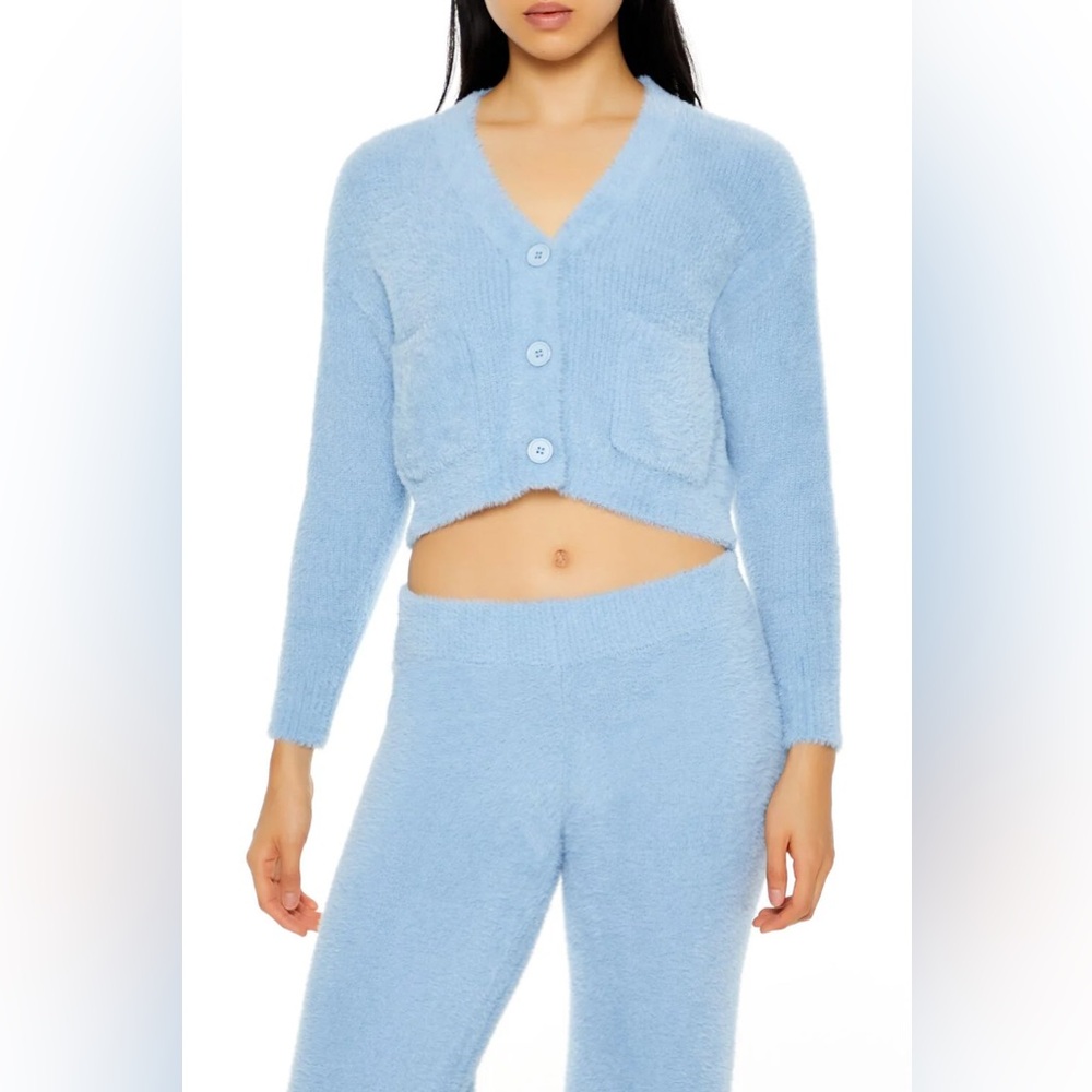 Forever 21 Soft Blue Fuzzy Knit Button-Front Cardigan Sweater | Size Large